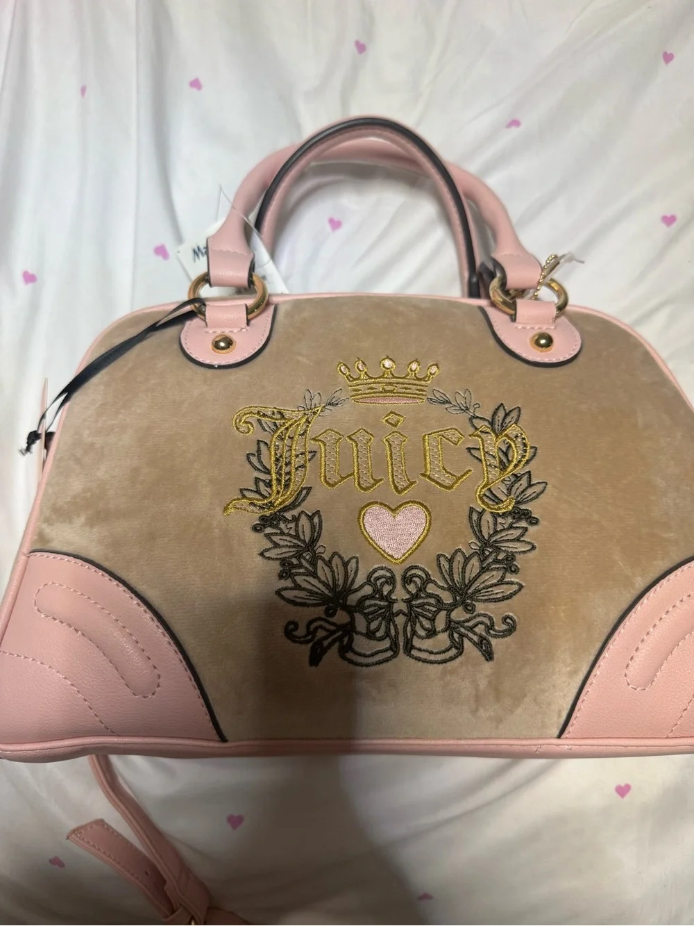 Juicy Couture Pink and Tan Embroidered Logo Dome Satchel